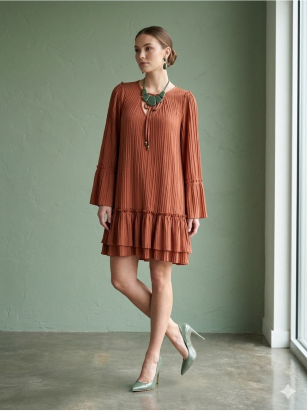 Dress Up Pleated Rust Terracotta Shift Mini Dress Bell Sleeve Boho Tiered M